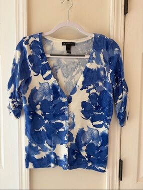 INC International Concepts White and Blue Floral Button-Front Top
